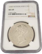 Koning Willem II 2 1/2 gulden 1848 MS60 NGC, Verzenden, Koning Willem II, Losse munt, Zilver