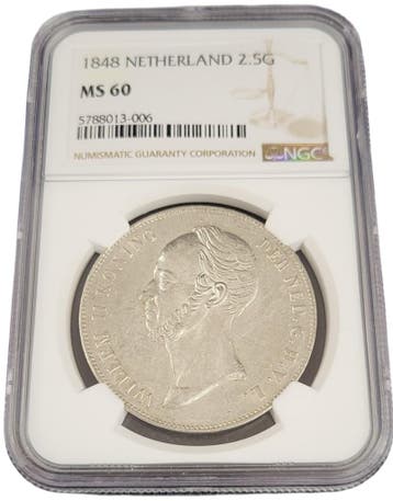 Koning Willem II 2 1/2 gulden 1848 MS60 NGC, Postzegels en Munten, Munten | Nederland, Verzenden, Koning Willem II, Losse munt