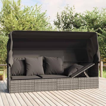vidaXL Loungebed met luifel en kussens poly rattan grijs, Verzenden, Nieuw