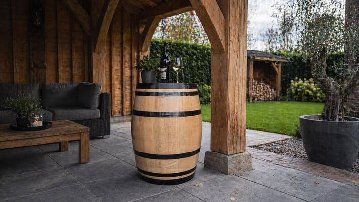 VADERDAGACTIE wijnvaten zwarte banden - regenton - bloembak, Tuin en Terras, Regentonnen, 75 tot 150 liter, Met kraantje, Nieuw