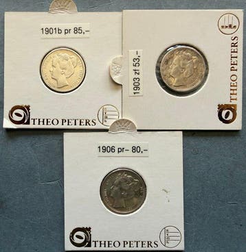 Nederland. Wilhelmina. 25 cent 1901, 1903 en 1906 (totaal