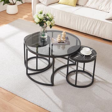 Salontafel set van 3 Kokkola rookglas marmer zwart en zwart, Huis en Inrichting, Verzenden, Nieuw