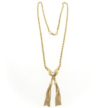 Gouden gedraaide schakel ketting met kwastjes en zirconia, Gebruikt, Ophalen of Verzenden, Met edelsteen, Goud