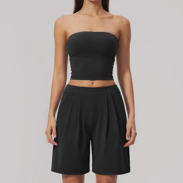 Dames Yogaset 2-delig: Strapless Crop Top & Plissé Shorts vo, Verzenden, Nieuw