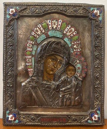 Icoon - Moeder Gods - Riza in Russisch geëmailleerd zilver,