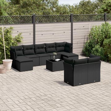 vidaXL 10-delige Loungeset met kussens poly rattan zwart, Verzenden, Nieuw, Loungeset