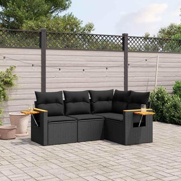 vidaXL 4-delige Loungeset met kussens poly rattan zwart, Tuin en Terras, Verzenden, Nieuw, Loungeset