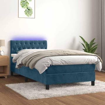 vidaXL Boxspring met matras en LED fluweel donkerblauw, 90 cm, Eenpersoons, Nieuw, 200 cm