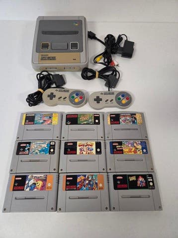 Nintendo - Snes - & 2 Controllers & 9 Game Cartridges (Mario, Nieuw