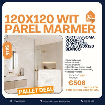 Witte/parel marmerlook glans 120x120 - Palletdeal 27m² €506, 60 cm of meer, Nieuw, Ophalen of Verzenden, 10 m² of meer