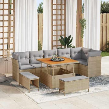 vidaXL Tuinbankenset 9 st Beige poly rattan, Verzenden, Nieuw, Rotan, Meer dan 8 zitplaatsen