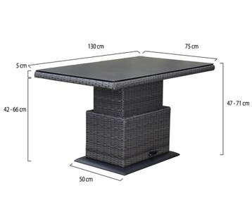 Miami lounge-diningtafel 130x75xH47-71 cm in hoogte, Tuin en Terras, Tuintafels, Ophalen of Verzenden, Nieuw, Wicker
