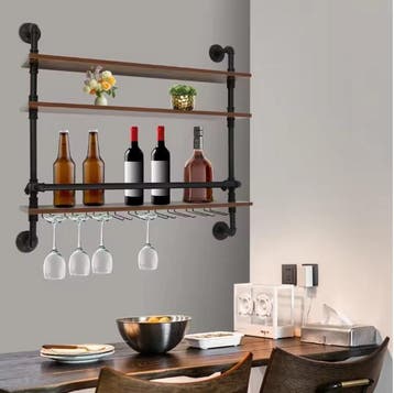 Industriële Wand Wijnrek – 3-Lagen Hout en Metaal, 92 cm, Huis en Inrichting, Woonaccessoires | Wijnrekken, Verzenden, Nieuw