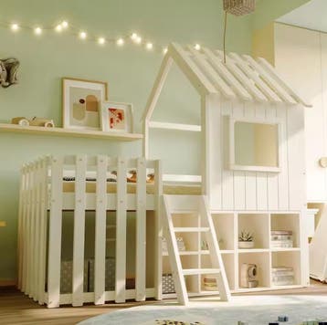 Kinder Huisbed 90x200 cm met Dak, Raam en Klimladder, Huis en Inrichting, Slaapkamer | Stapelbedden en Hoogslapers, Verzenden