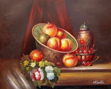 M. Santos - Elegant Floral & Fruit Still Life