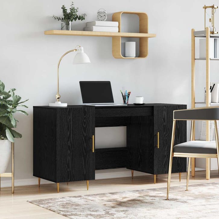 vidaXL Bureau met plank met opslag Zwart eiken Bewerkt hout, Huis en Inrichting, Bureaus, Nieuw, Verzenden
