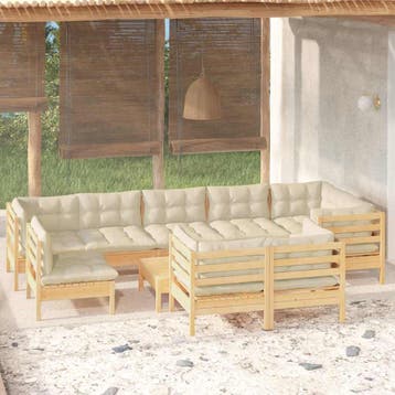 vidaXL 10-delige Loungeset met crèmekleurige kussens, Tuin en Terras, Verzenden, Nieuw, Loungeset