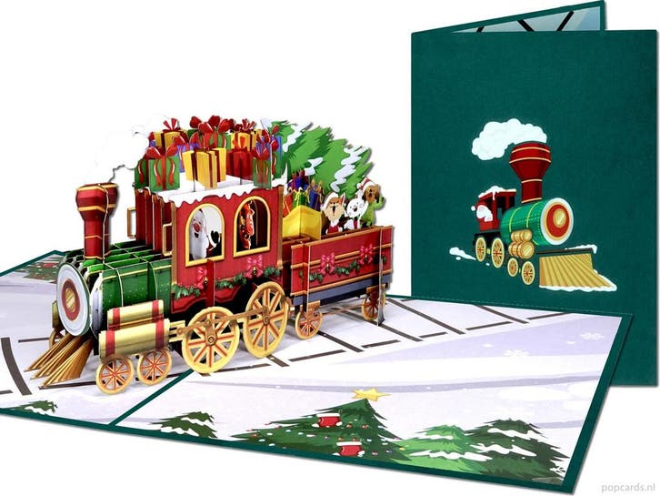Kerstkaart Locomotief met Vrolijke Dieren pop-up kaart, Diversen, Wenskaarten, Verzenden