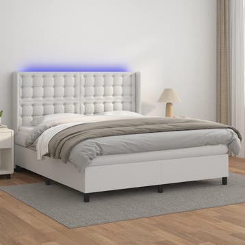 vidaXL Boxspring met matras en LED kunstleer wit 180x200 cm, Overige materialen, Eenpersoons, Verzenden, Wit