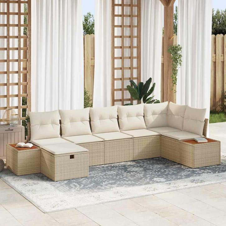 vidaXL Tuin Sofa Set met kussen 7 pcs Beige Poly riet, Tuin en Terras, Tuinsets en Loungesets, Nieuw, Rotan, Verzenden
