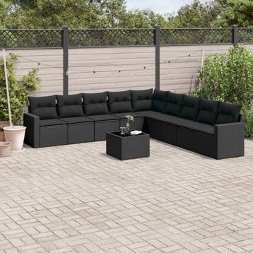 vidaXL 10-delige Loungeset met kussens poly rattan zwart, Verzenden, Nieuw, Loungeset