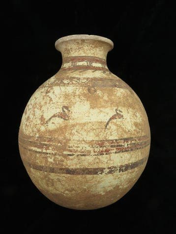 Bronstijd aardewerk Pot met geometrische en vogeldecoraties, Antiek en Kunst
