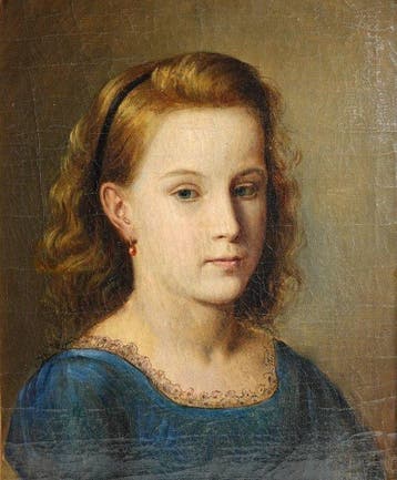 Franse school (XIX) - Portrait of a young girl with a red, Antiek en Kunst