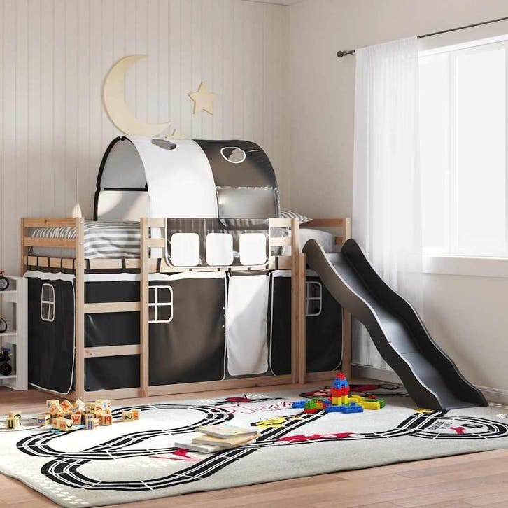 vidaXL Stapelbed met glijbaan en gordijnen wit en zwart, Huis en Inrichting, Slaapkamer | Bedden, 80 cm, 200 cm, Zwart, Eenpersoons