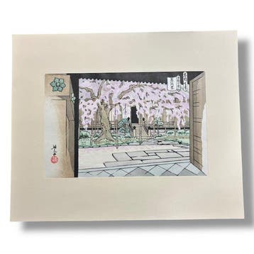 Rakunan Ten Views: “Bishamond-tempel”() - houtsnede -, Antiek en Kunst