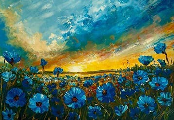 Yuni R. P - Sinfonía en Ocre y Azul: Flores al Atardecer