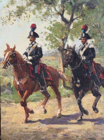 Italiaanse school (XX) - Due carabinieri a cavallo, Antiek en Kunst