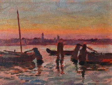 Beppe Ciardi (1875-1932) - Tramonto in laguna, Antiek en Kunst