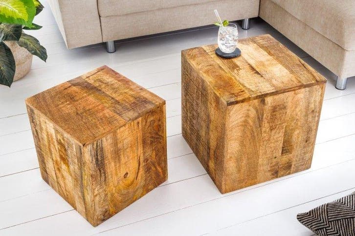 Naturel set van 2 bijzettafels CURACAO 40cm mangohouten, Huis en Inrichting, Tafels | Sidetables, Ophalen of Verzenden