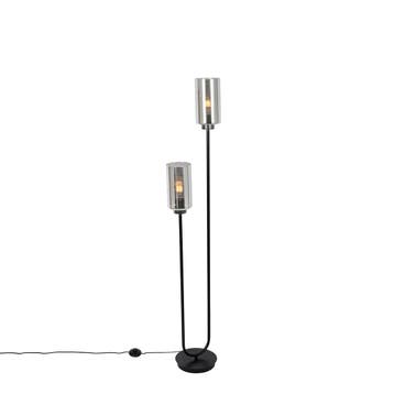 Art Deco vloerlamp zwart met smoke glas 2-lichts - Laura, Verzenden, Nieuw, Glas, Art Deco