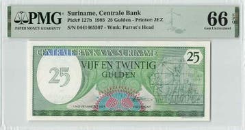 1985 Suriname 25 Gulden Pick 127b Pmg Gem Unc 66 Epq, Verzenden