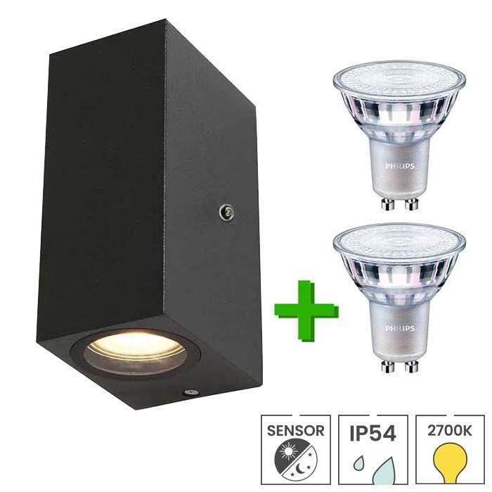 Buitenlamp met sensor Vallon + 2x LED spot GU10 Philips, Tuin en Terras, Buitenverlichting, Wandlamp, Nieuw, Minder dan 50 watt