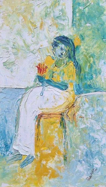 Paulo Akiiki - Zittende vrouw met bloem (Woman holding a