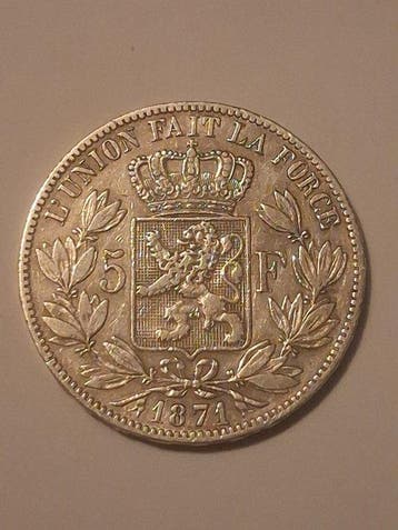 België. Leopold II. 5 Francs 1871 (Zonder minimumprijs)