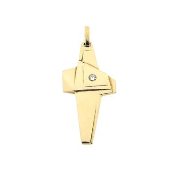 Gouden hanger van een abstract kruis met diamant; 0,05 ct., Ophalen of Verzenden, Gebruikt, Goud, Overige merken
