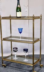 Serveerwagen - Messing, Glas - Zeldzame drie-etagewagen, Antiek en Kunst