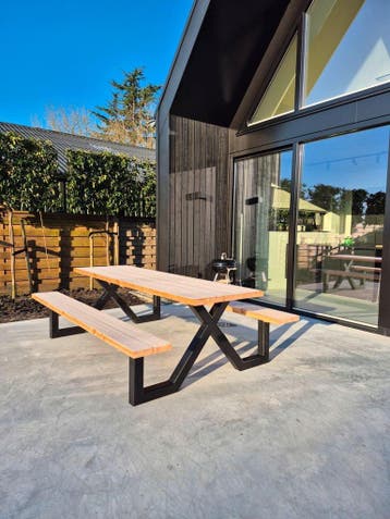 Robuuste douglas picknicktafels met stalen x frame, Nieuw, Rechthoekig, Hout, Ophalen