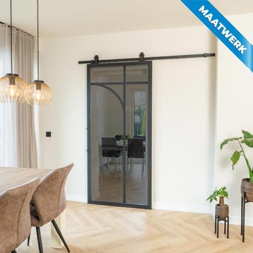 Stalen Schuifdeur Zwart 5 Vlaks rond Maatwerk Rook glas, Nieuw, Metaal, Inclusief glas