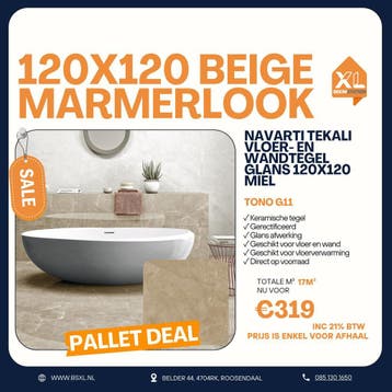 Beige marmerlook glans 120x120 - Palletdeal 17m² €319, 60 cm of meer, Nieuw, Ophalen of Verzenden, 10 m² of meer
