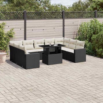 vidaXL 10-delige Loungeset met kussens poly rattan zwart, Tuin en Terras, Verzenden, Nieuw, Loungeset