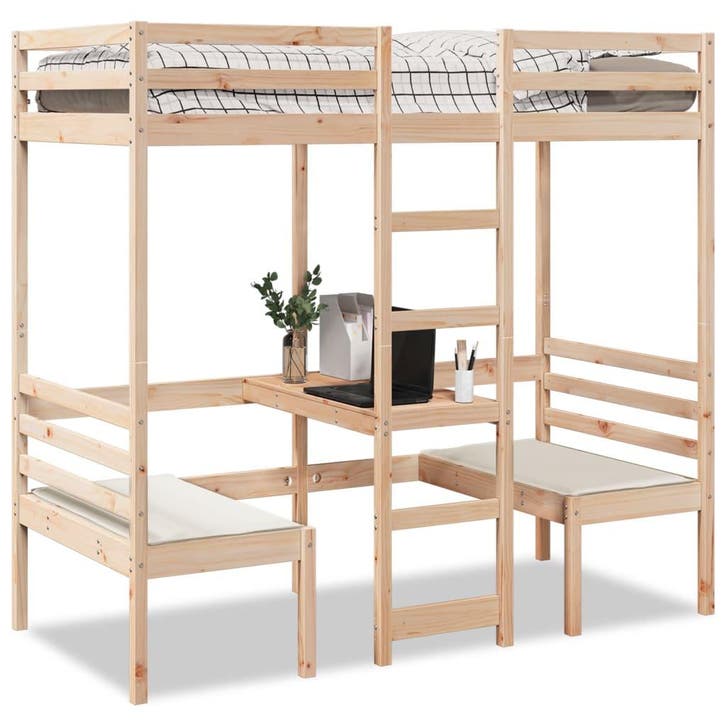 vidaXL Hoogslaper met bureau en stoelen massief grenenhout, Huis en Inrichting, Slaapkamer | Bedden, Bruin, Nieuw, Hout, Verzenden