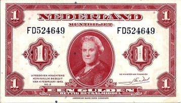 Muntbiljet 1 gulden 1943 Wilhelmina Zeer Fraai, Verzenden