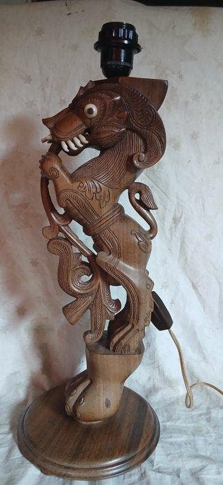 Yali of tempelleeuw lamp - Hout - India - 20e eeuw, Antiek en Kunst