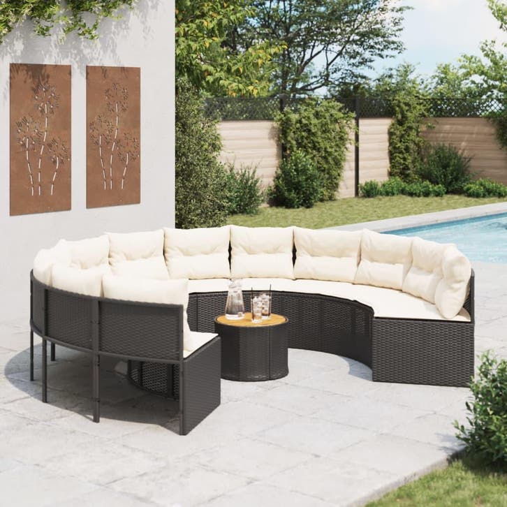 vidaXL Tuinbank met tafel en kussens rond poly rattan zwart, Tuin en Terras, Tuinsets en Loungesets, Nieuw, Rotan, Verzenden
