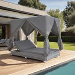 vidaXL Loungebed met gordijnen poly rattan grijs, Tuin en Terras, Verzenden, Nieuw