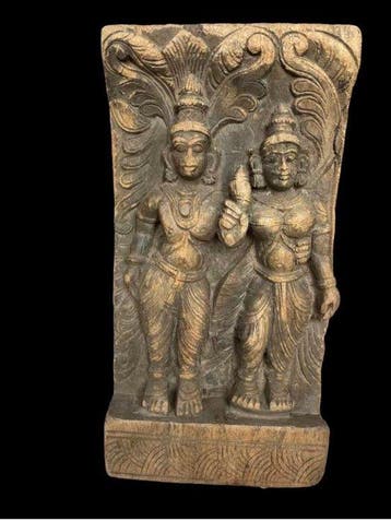 Paneel - Zuid-India - Uit hout gesneden - Shiva en Parvati -